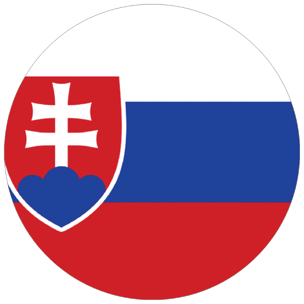Eine kreisförmige Darstellung der Flagge der Slowakei mit horizontalen weißen, blauen und roten Streifen sowie einem roten Schild und einem weißen Doppelkreuz-Emblem auf der linken Seite.