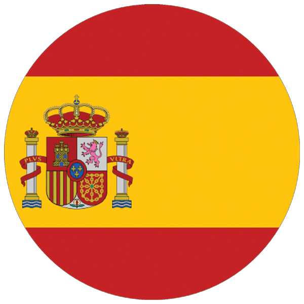 A circular representation of the flag of Spain featuring three horizontal stripes: red, yellow, and red. The yellow stripe is larger and has the national coat of arms on the left side.