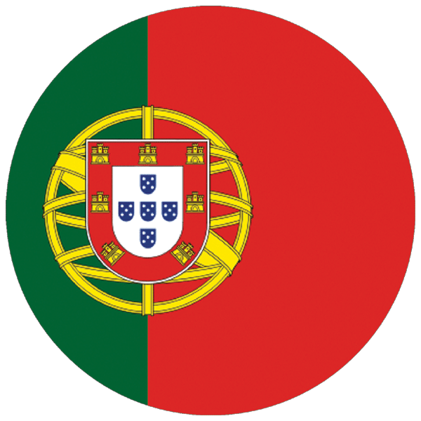 A circular version of the flag of Portugal, featuring a vertical green stripe on the left, a larger red stripe on the right, and the national coat of arms centered over the border separating the two colors.