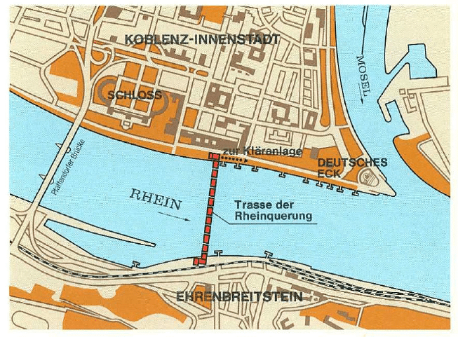 Eine Karte, die die Querungsroute über den Rhein zwischen Koblenz-Innenstadt und Ehrenbreitstein zeigt. Zu den wichtigsten Sehenswürdigkeiten zählen das Schloss, die Kartause, das Deutsche Eck und der Rhein, mit einem Hinweis auf mögliche Verzögerungen aufgrund von „Verstopfte Düker“.