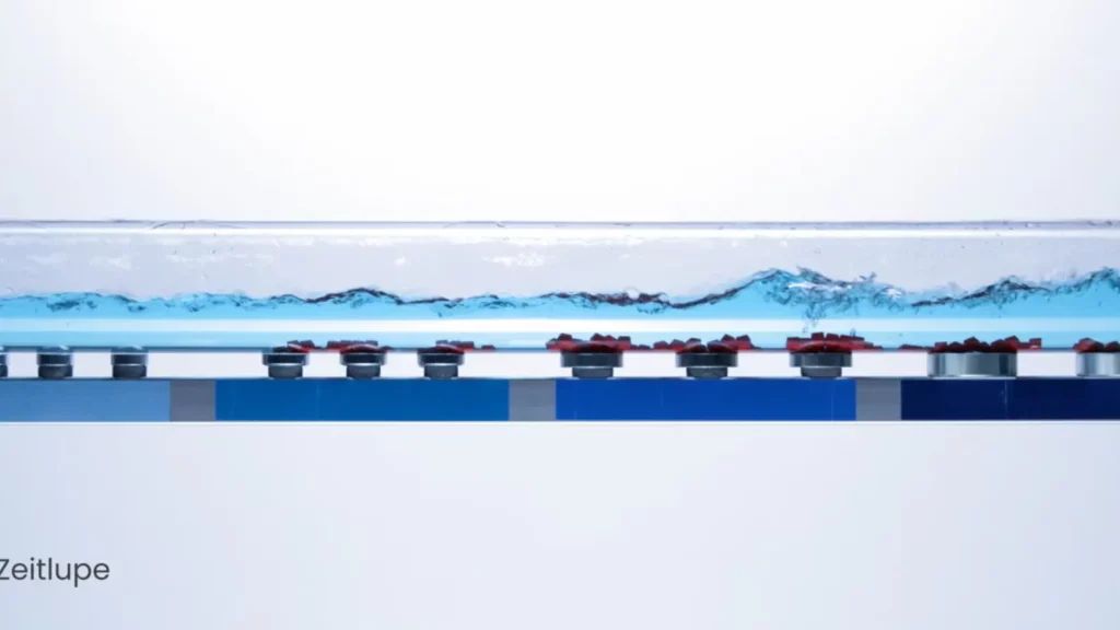 Bild einer durchsichtigen Röhre mit blauer Flüssigkeit und roten Partikeln, die sich durch ein komplexes, mechanisiertes Förderbandsystem bewegen – ein beeindruckendes Beispiel moderner Ingenieurskunst im Herzen der Industrie.