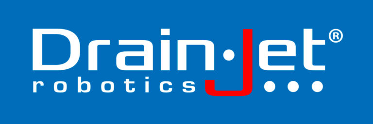 Drain Jet Robotics Logo mit stilisiertem Text auf blauem Hintergrund.