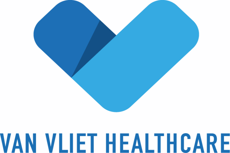 Blaues herzförmiges Logo über dem Text "VAN VLIET HEALTHCARE" in blauen Großbuchstaben.
