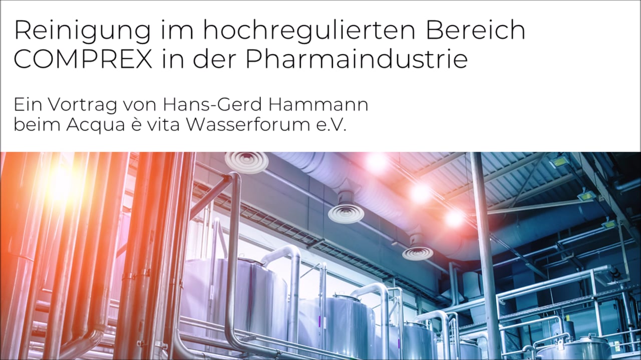 Industrial facility with metal tanks and pipes under bright ceiling lights, German text about pharma industry event.