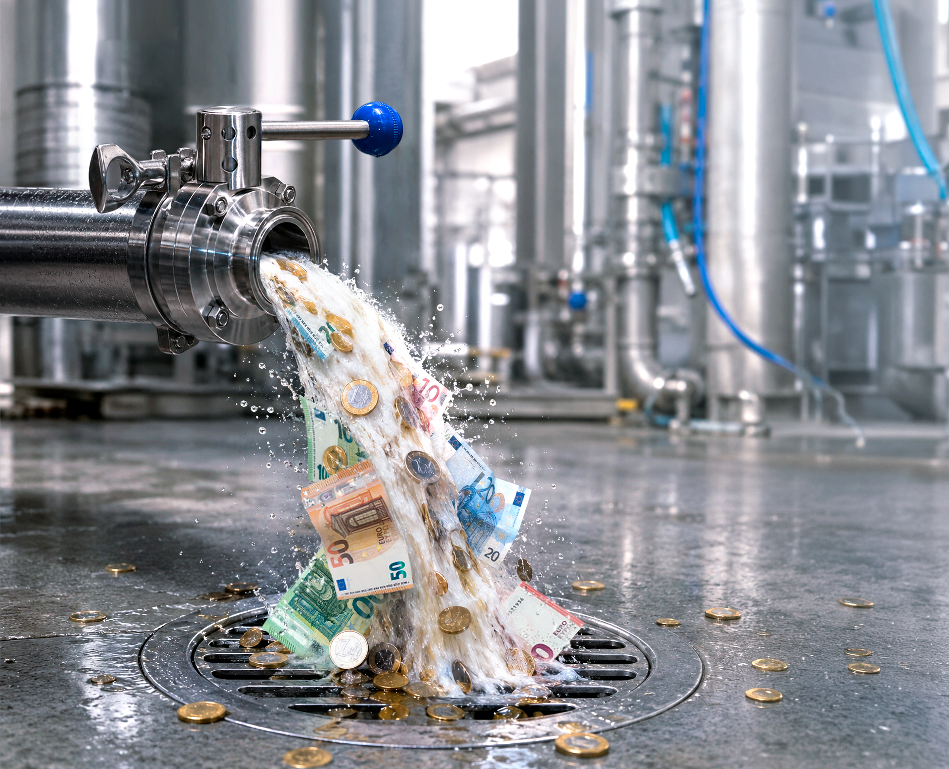 Money and coins flow out of a large industrial pipe, spilling onto a wet floor and down a drain—evoking the unintended consequences that can arise from an impulse flushing process for pipelines.