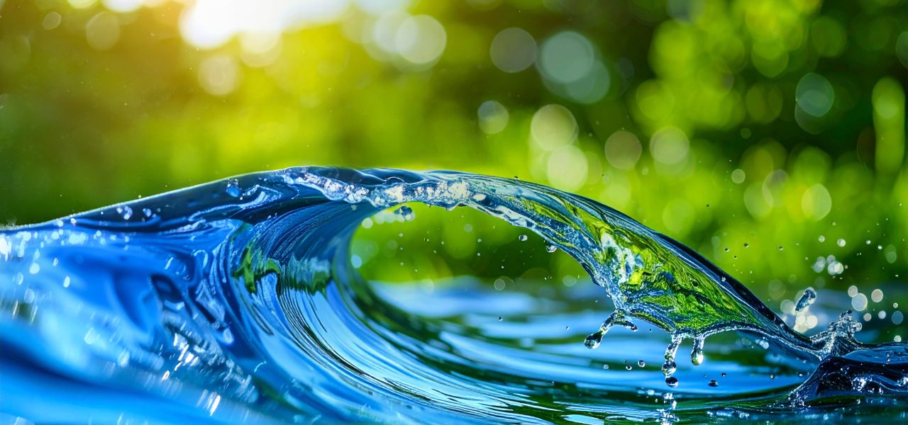 Eine Nahaufnahme einer kleinen, klaren blauen Welle mit Sonnenlicht und grünem Laub im unscharfen Hintergrund, die die durch die kommunale Rohrreinigung mit comprex® erreichte Frische widerspiegelt.